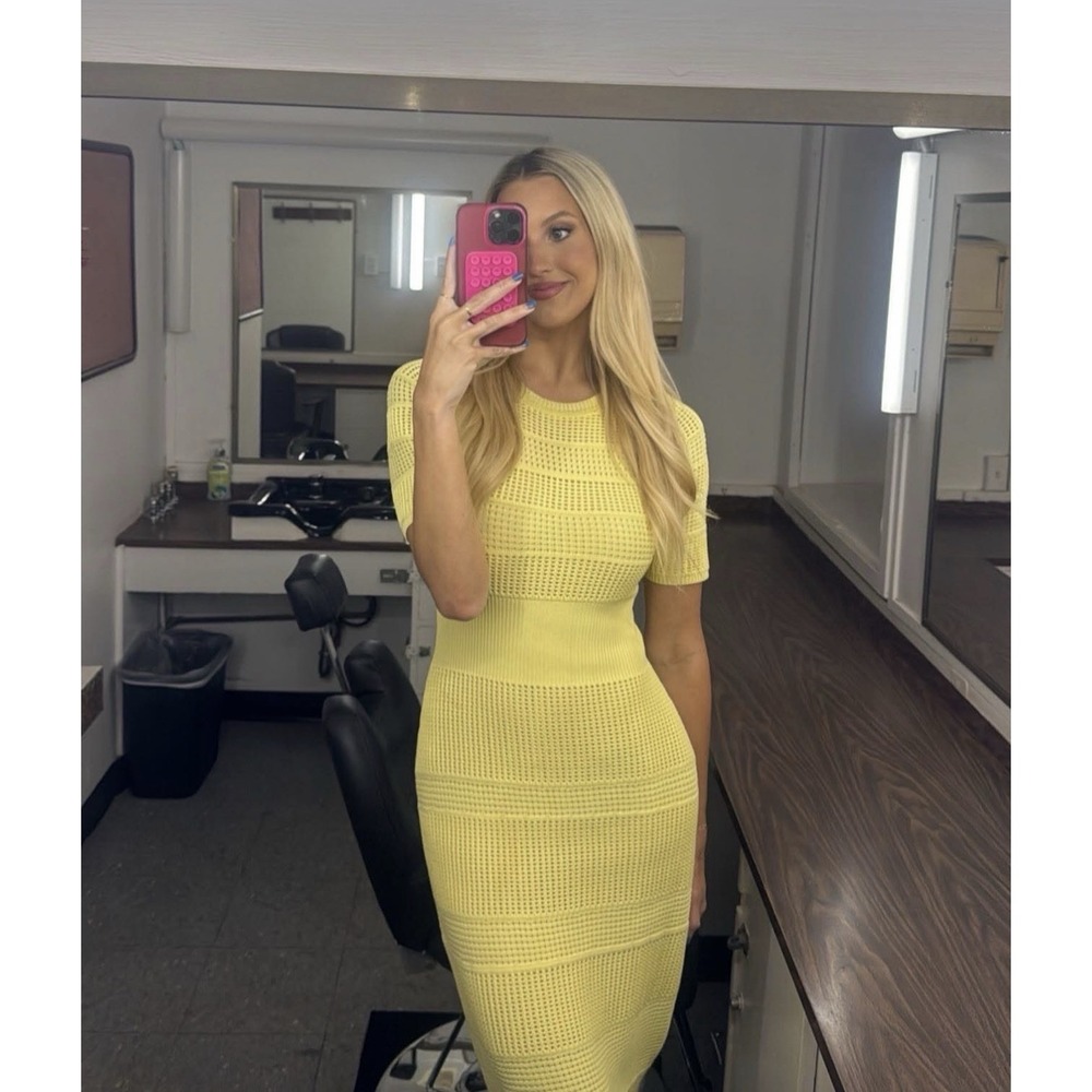 Jason Wu Collective Yellow Knit Midi Dress Short Sleeve Bodycon Elegant Party M